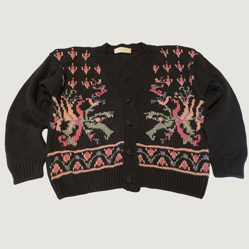 Margules Cardigan Black Floral Intarsia Knit Vintage Large Cottagecore Sweater